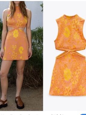 Zara Orange Floral Cutout High-Neck Mini Dress